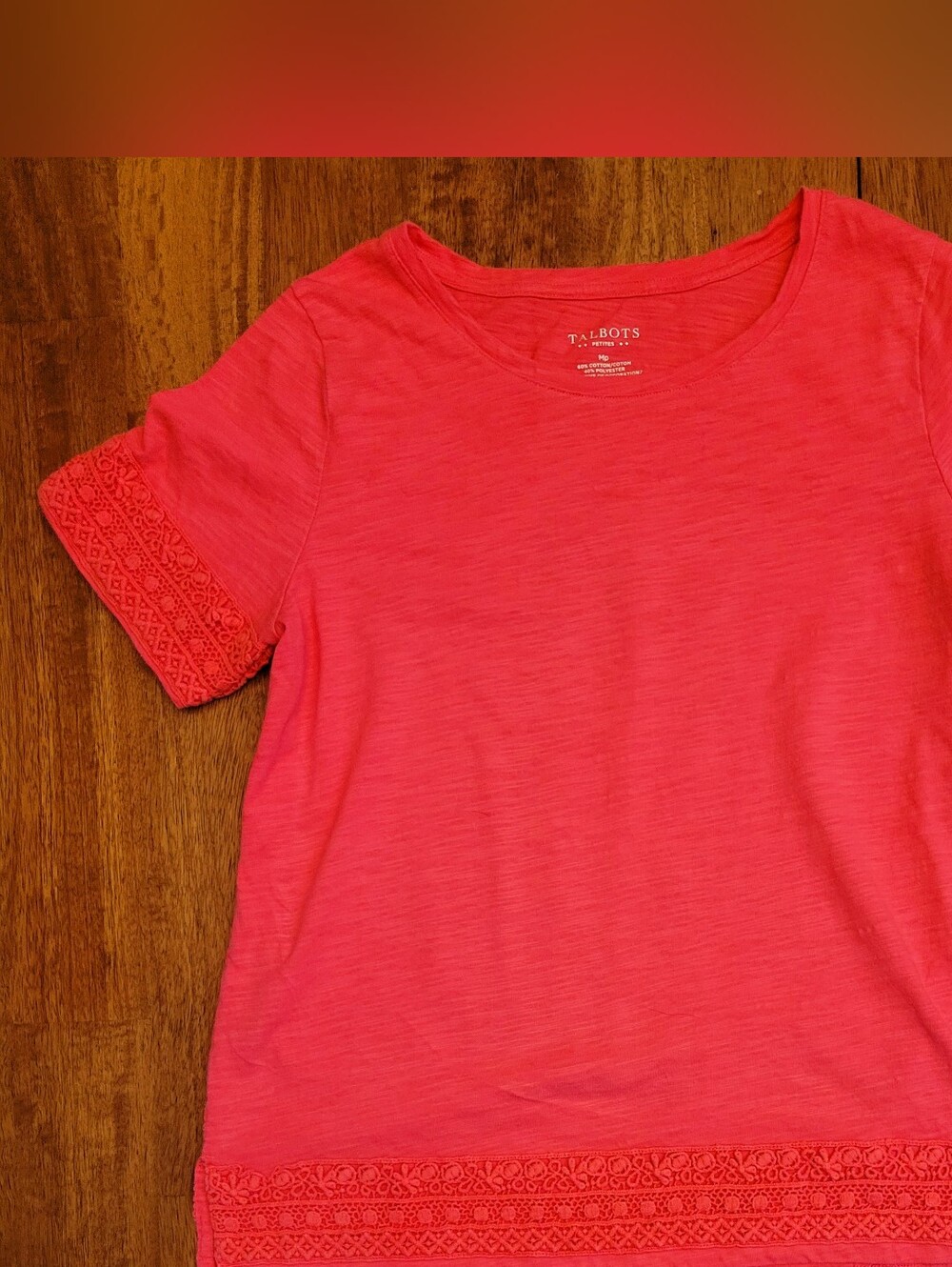Talbots Coral-Pink Short Sleeve Tee with Lace Trim
